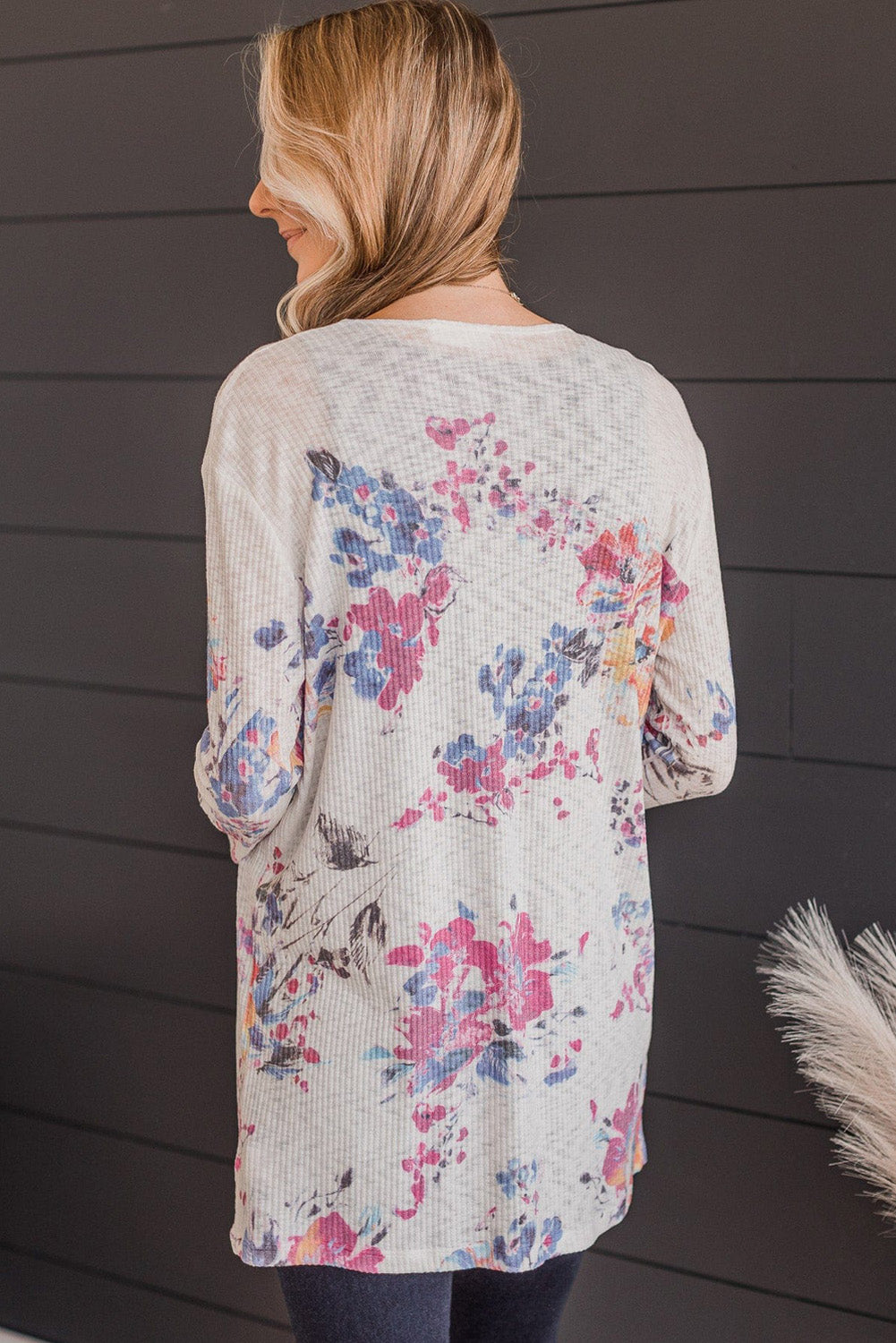 Floral Print Ribbed Knit Slim Fit Cardigan