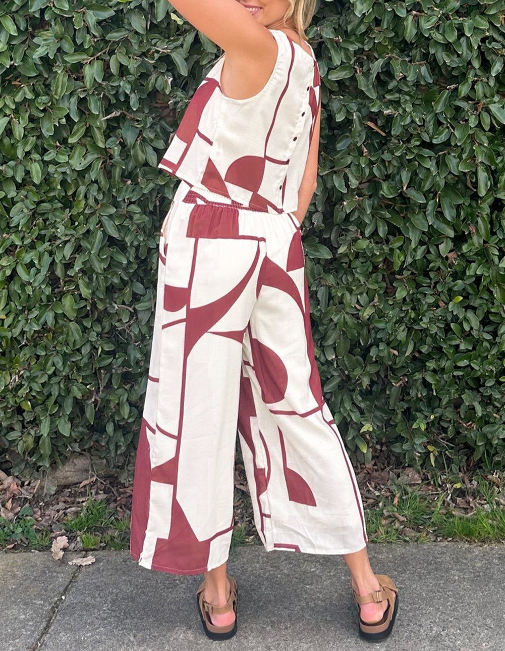 Abstract Printed Button Back Vest and Wide Leg Pants Set