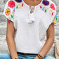 Knit Crochet Patchwork Textured Fringed V Neck Blouse