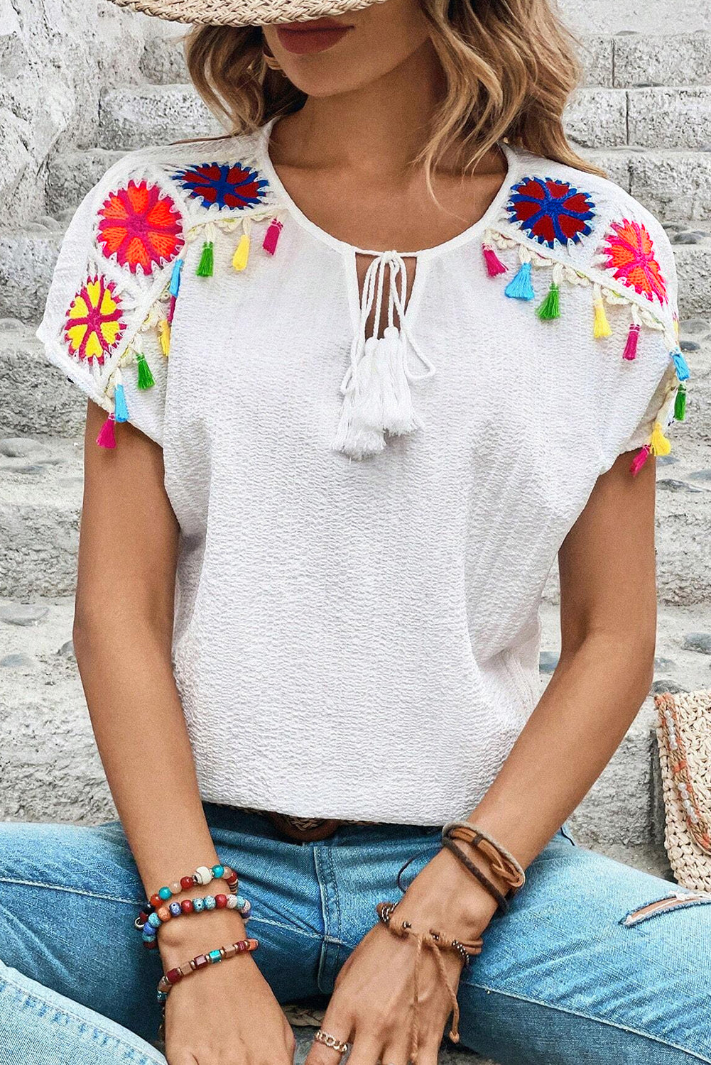 Knit Crochet Patchwork Textured Fringed V Neck Blouse