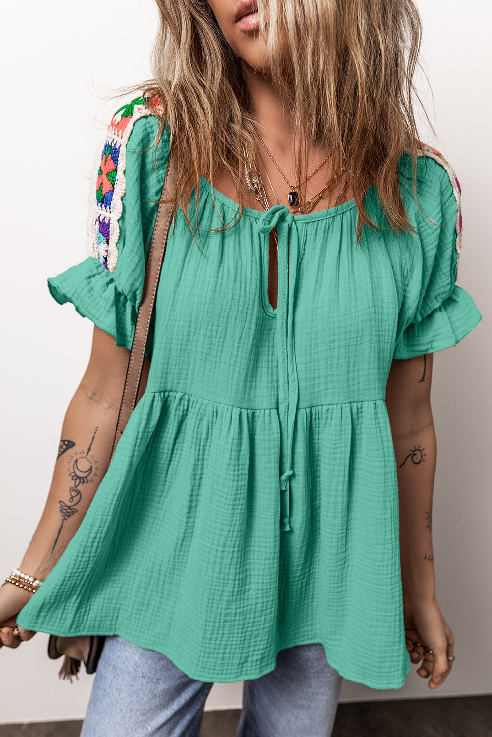 Crinkle Embroidered Patched Bubble Sleeve Tied Neck Blouse