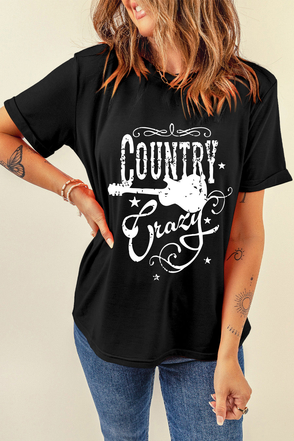 Country Music Crazy Print Crew Neck T Shirt