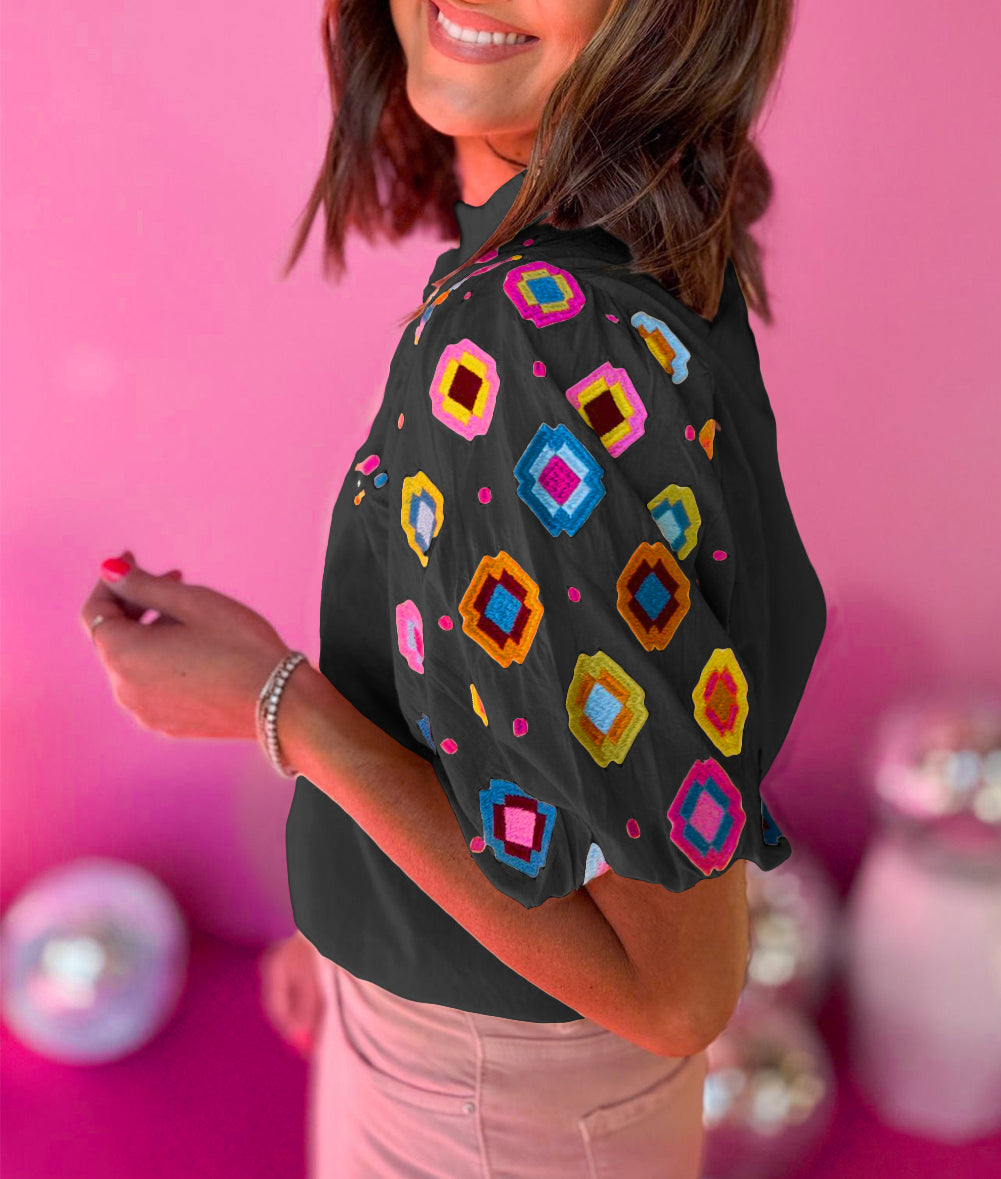 Embroidered Smocked Neck Puff Sleeve Top