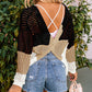 Color Block Eyelet Long Sleeve Twisted Back Knit Top