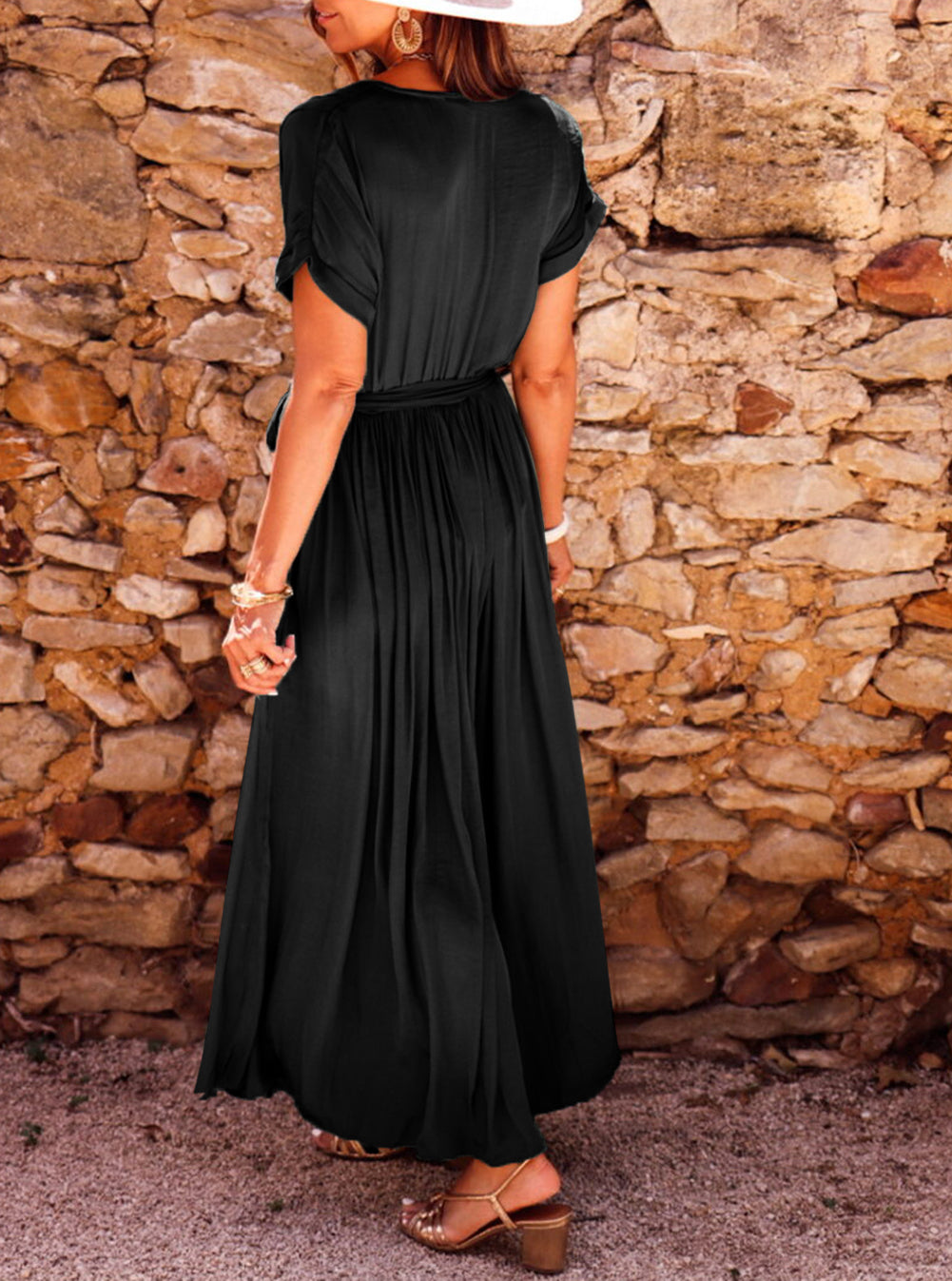 Solid Color V Neck Wrap Pleated Short Sleeve Maxi Dress