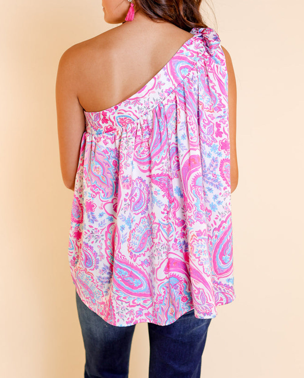 Knotted One Shoulder Paisley Print Tank Top