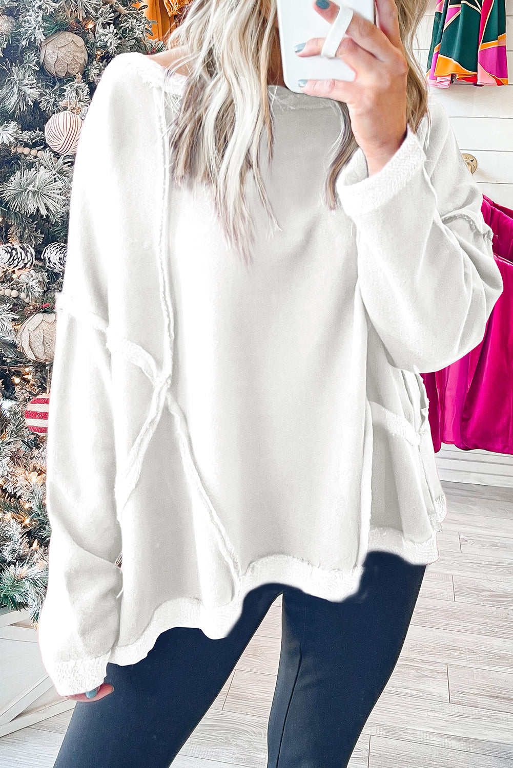 Exposed Seam Drop Shoulder Raw Hem Oversized Sweatshirt