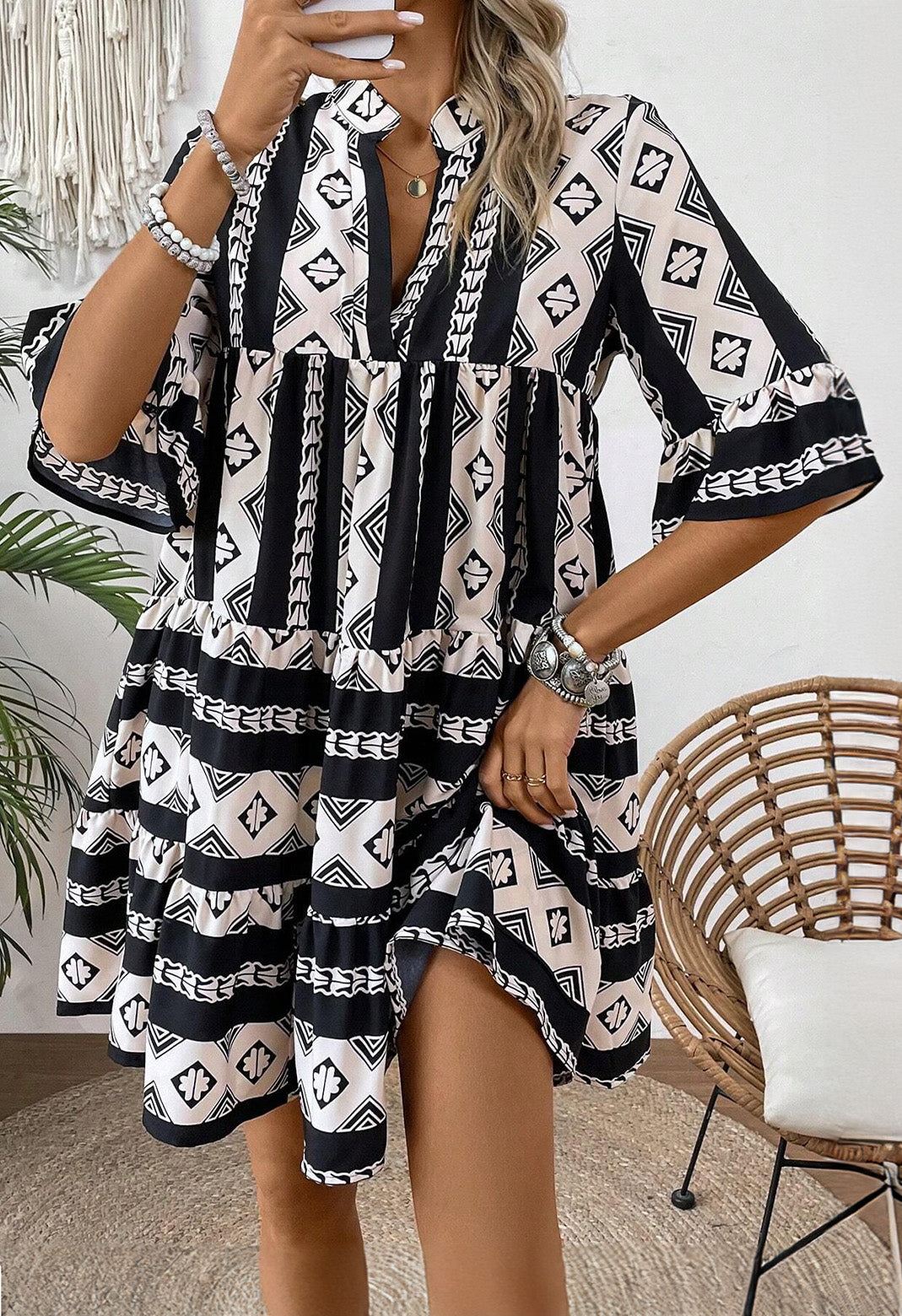 Geometric Print V Neck Ruffled Dress