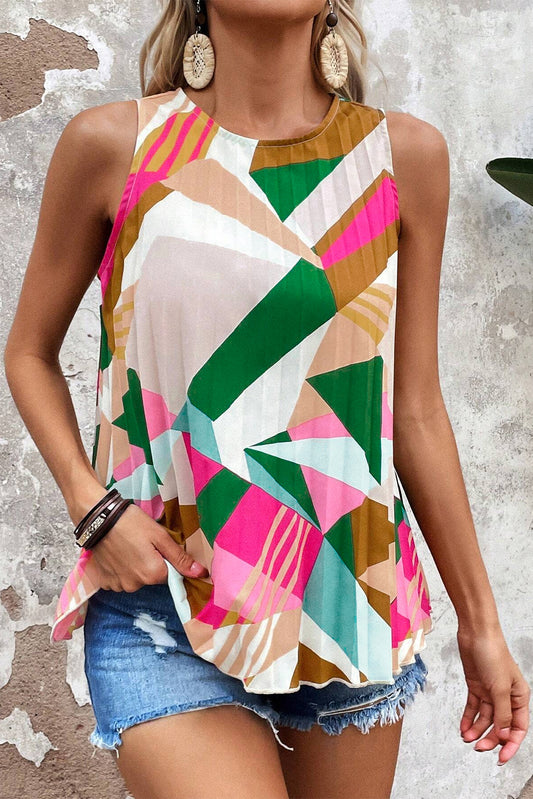 Geometric Printed Pleated Shift Tank Top