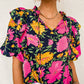 Floral Bubble Sleeve Notch V Neck Ruffled Blouse