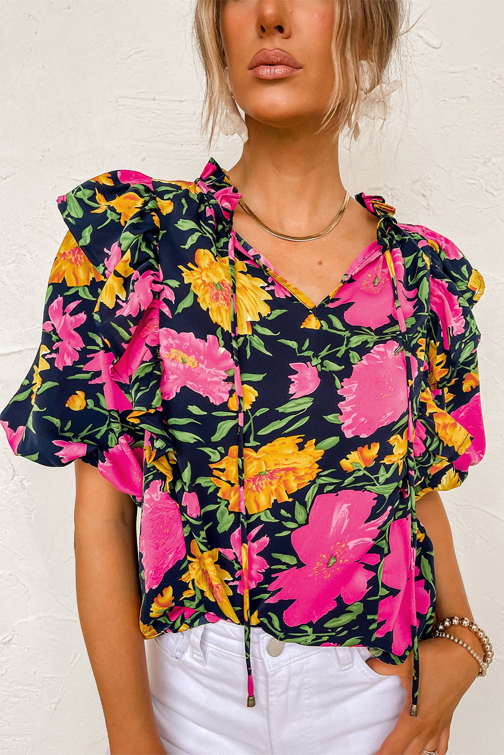 Floral Bubble Sleeve Notch V Neck Ruffled Blouse