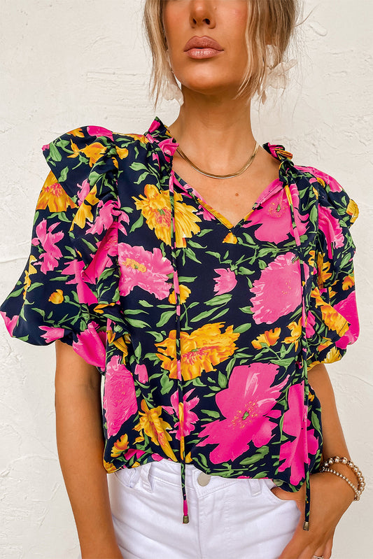 Floral Bubble Sleeve Notch V Neck Ruffled Blouse