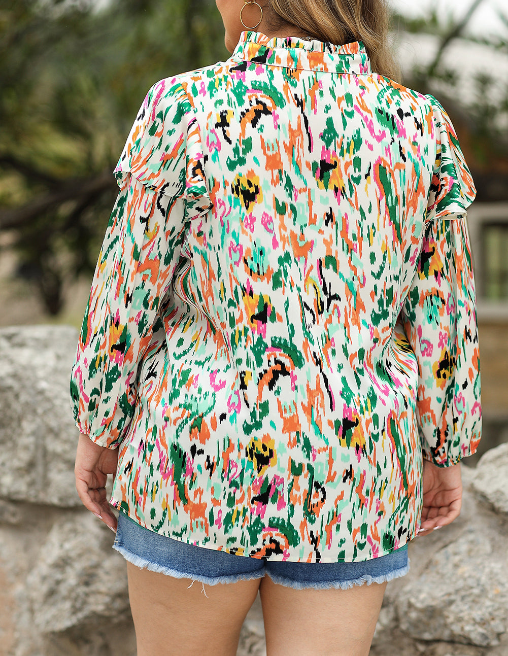 Abstract Print Ruffled V Neck Plus Size Blouse