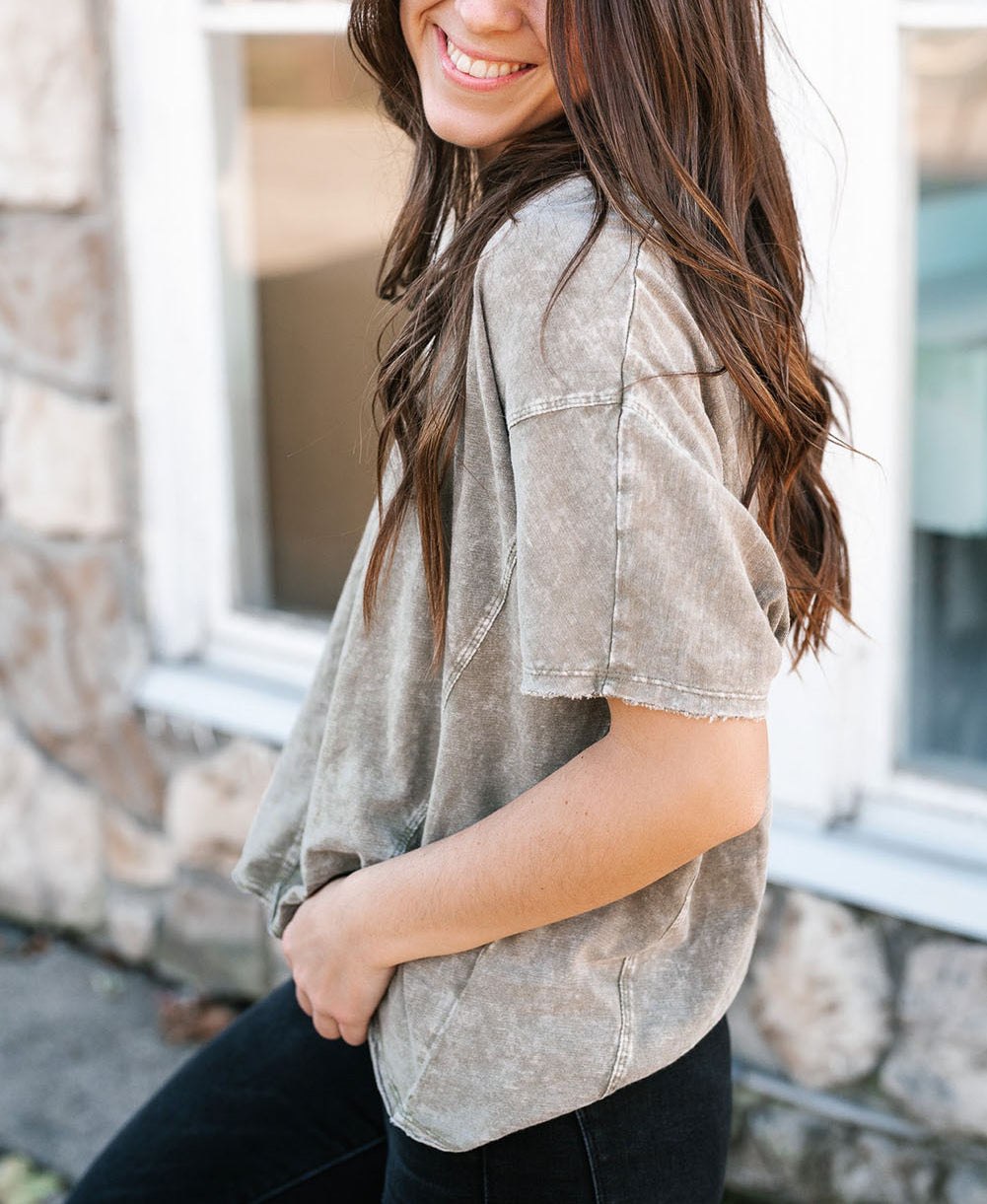 Gray Vintage Mineral Wash Splicing T-shirt