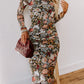 Floral Allover Print Mock Neck Bodycon Long Sleeve Midi Dress