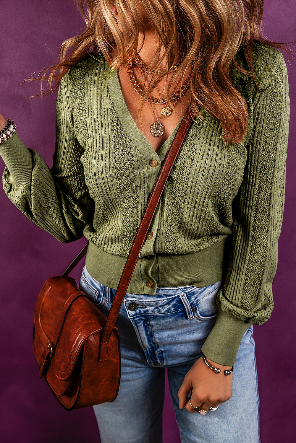 V Neck Buttoned Textured Sweater Cardigan