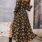Floral Tie Square Neck Puff Sleeve Slit Dress