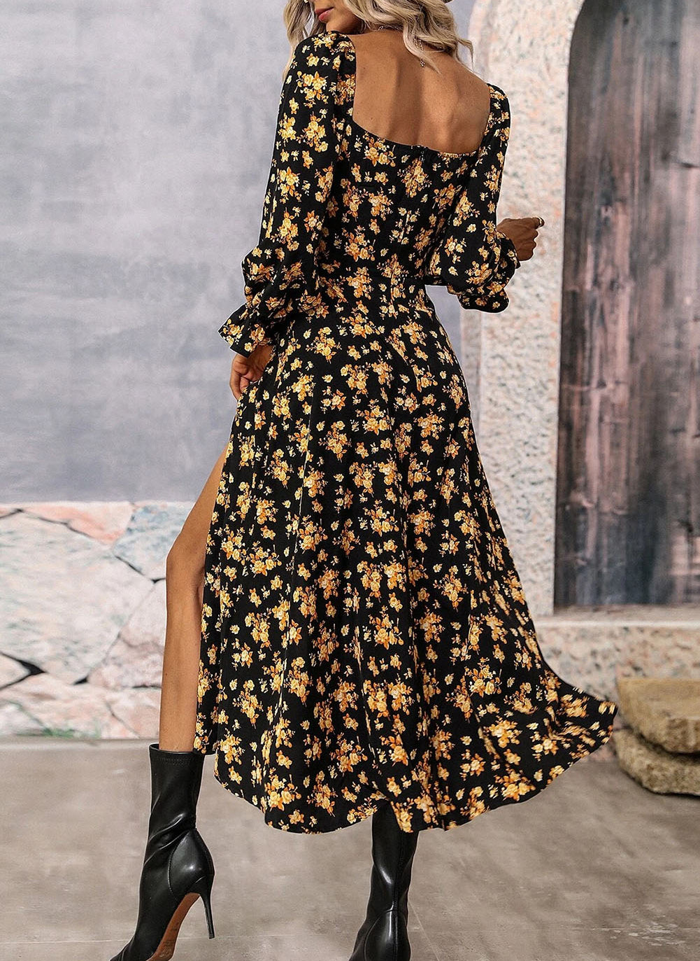 Floral Tie Square Neck Puff Sleeve Slit Dress