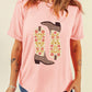 Western Floral Boots Print Round Neck Loose T Shirt