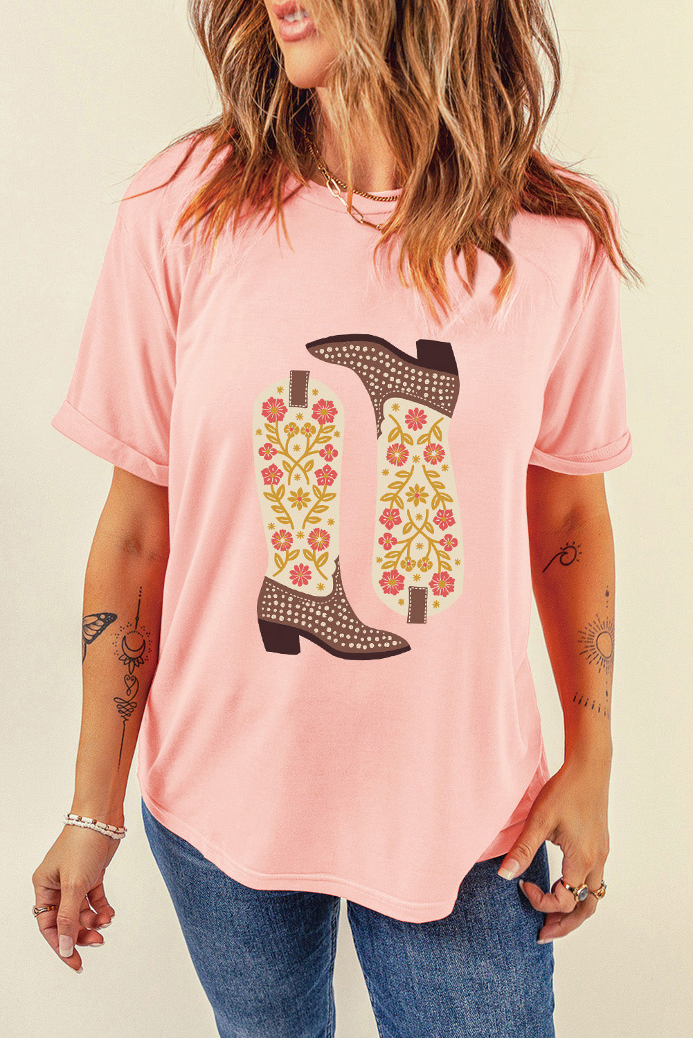Western Floral Boots Print Round Neck Loose T Shirt