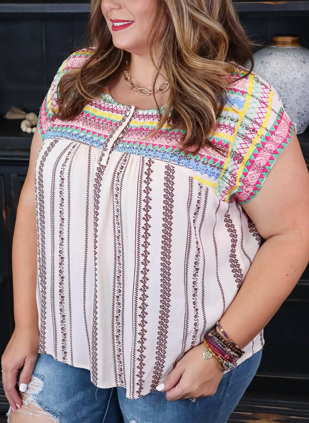 Plus Size Boho Floral Striped Print Blouse