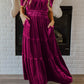 Velvet Short Sleeve Shirred Waist Tiered Maxi Dress