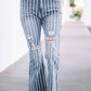 Vertical Striped Ripped Flare Jeans
