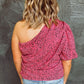 Plus Slant One Shoulder Leopard Tie Drape Blouse