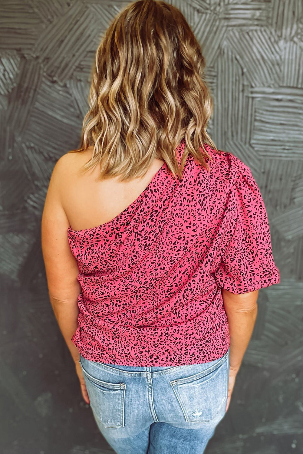 Plus Slant One Shoulder Leopard Tie Drape Blouse