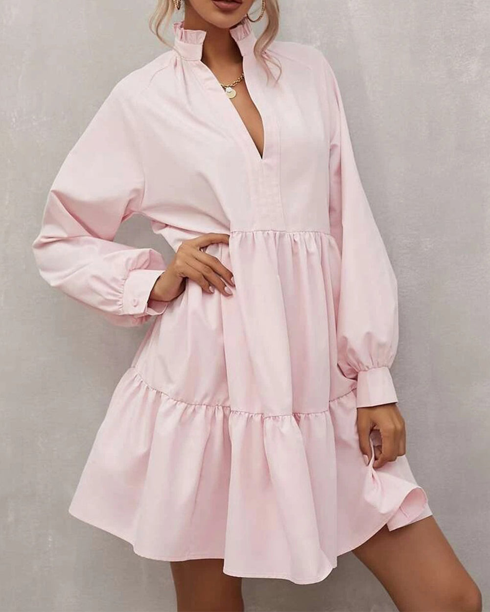 Frilled Stand Collar Long Sleeve Ruffle Dress
