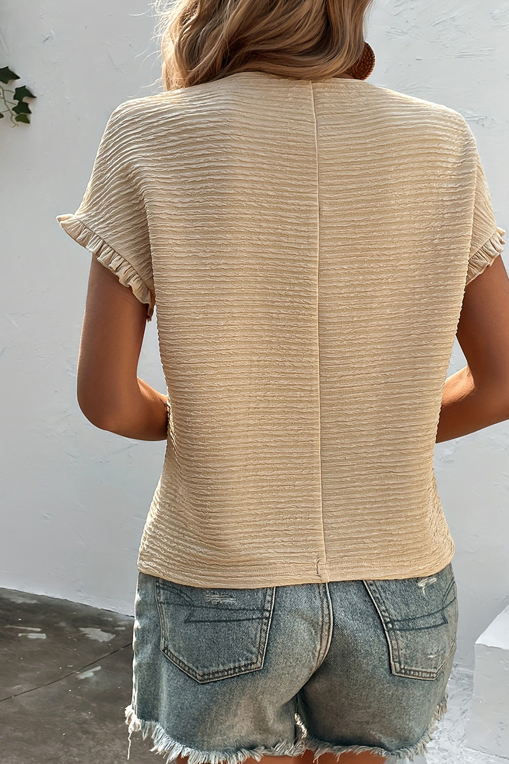 Solid Textured Ruffled Short Sleeve Blouse