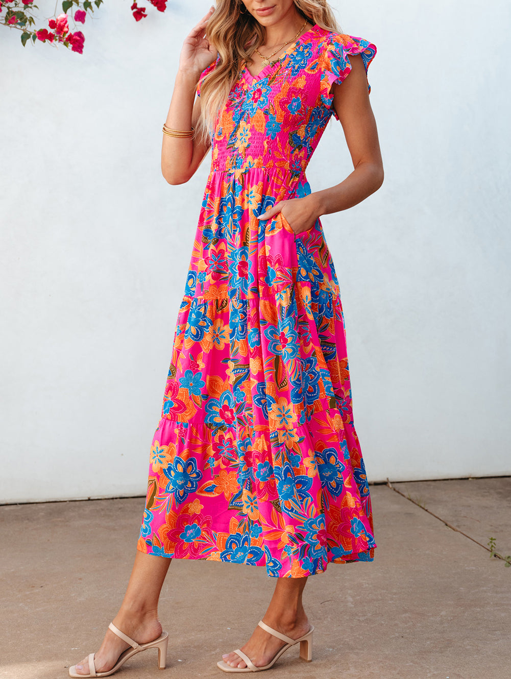 Boho Floral V Neck Ruffle Tiered Long Dress