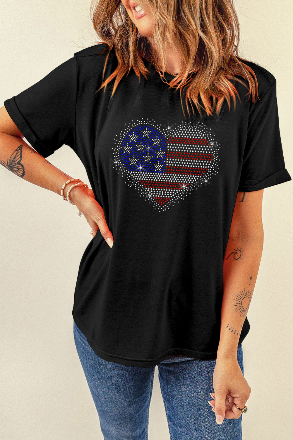Rhinestone American Flag Heart Shape Graphic T Shirt