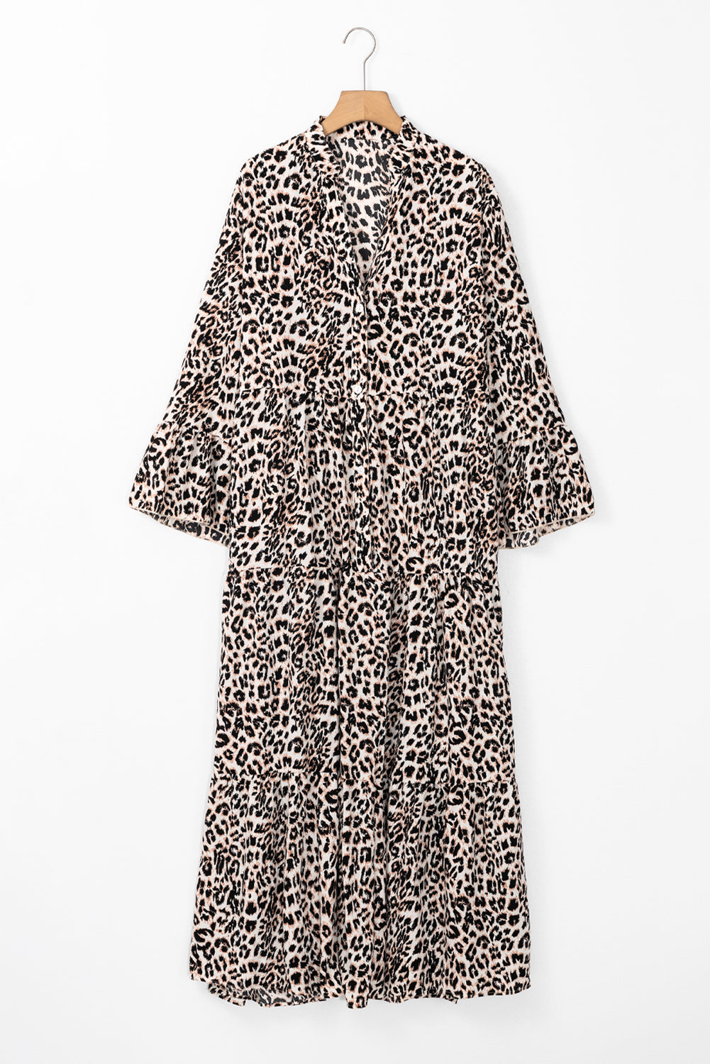 Leopard Print Tiered Wide Sleeve Maxi Dress