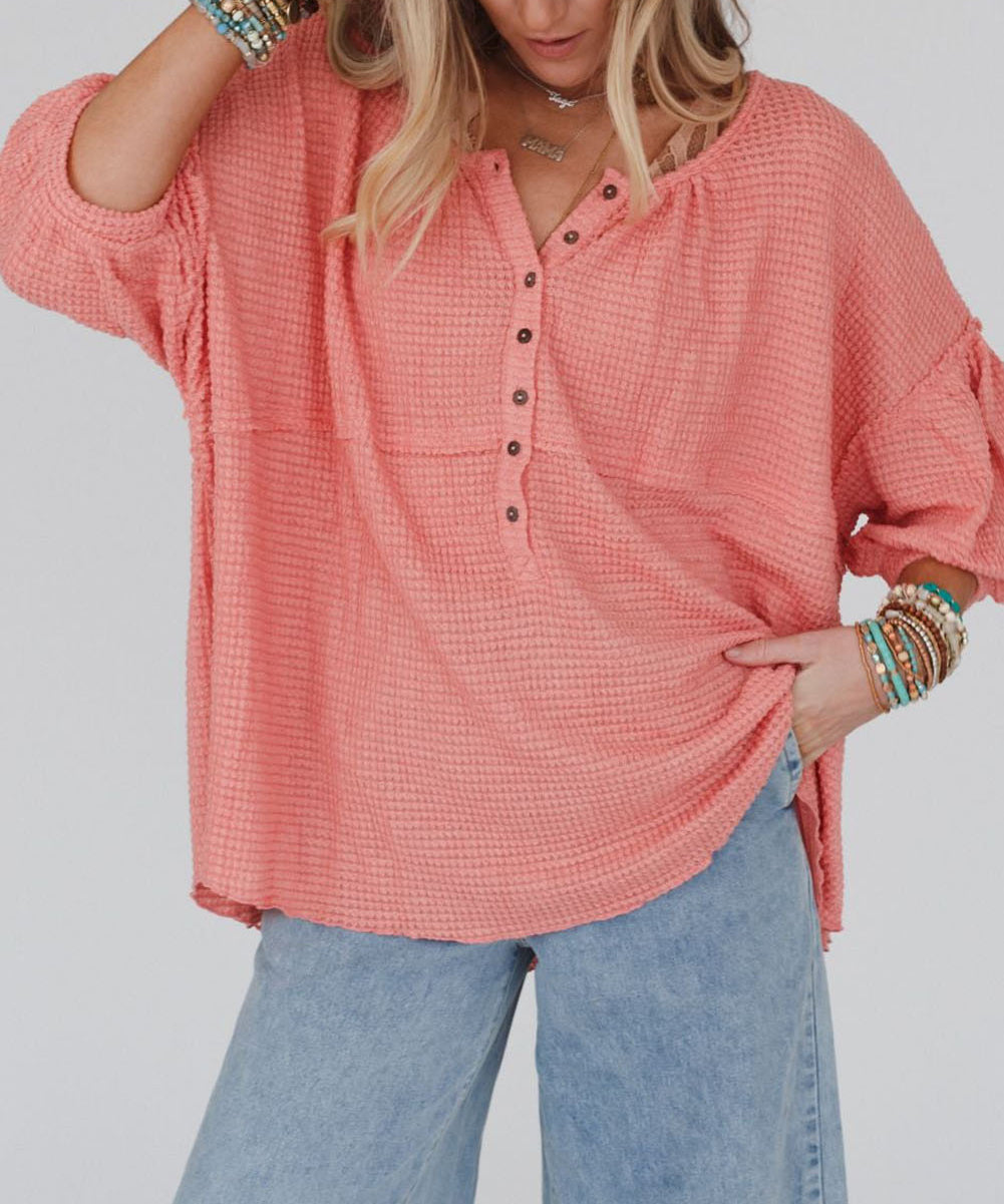 Waffled Bracelet Sleeve Oversized Henley Top