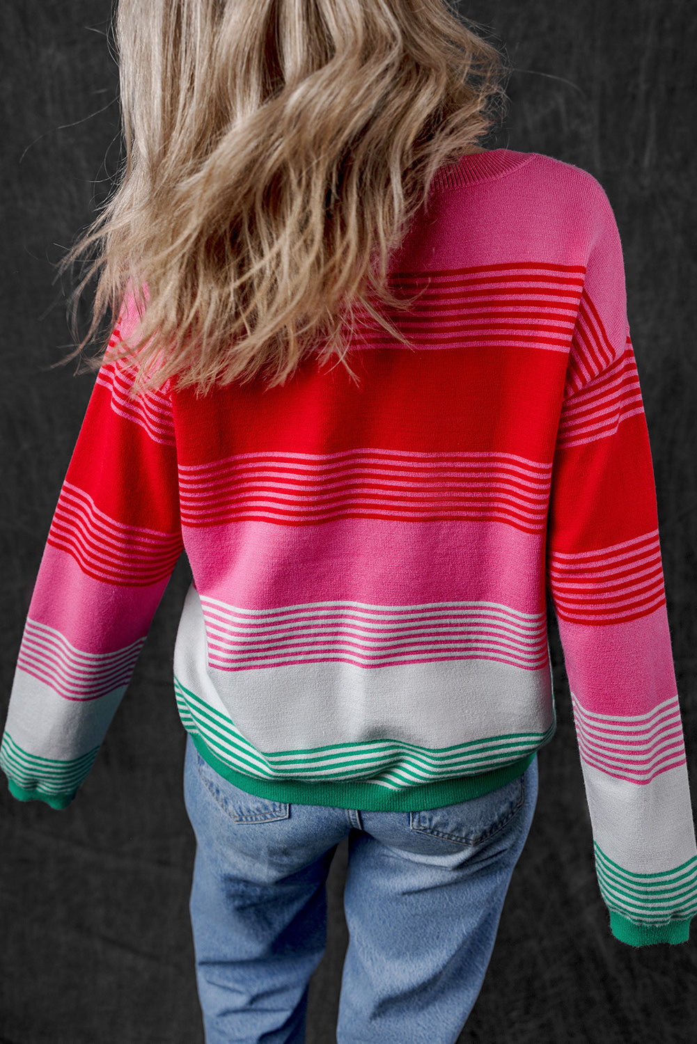 Striped Knit Patch Pocket Drop Shoulder Sweater