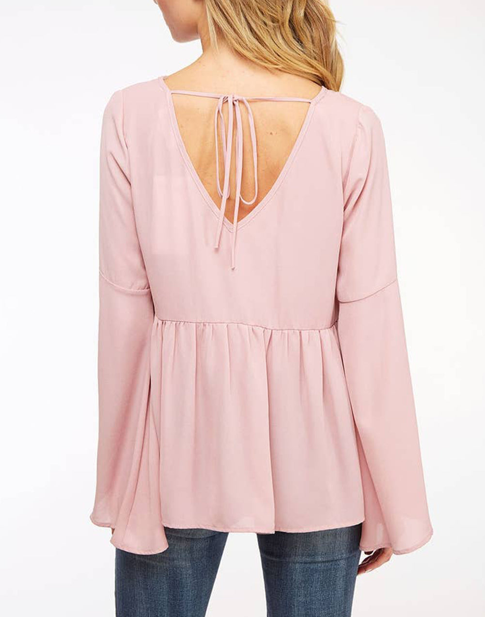 V-Neck Bell Sleeve Back-Tie Ruffled Blouse