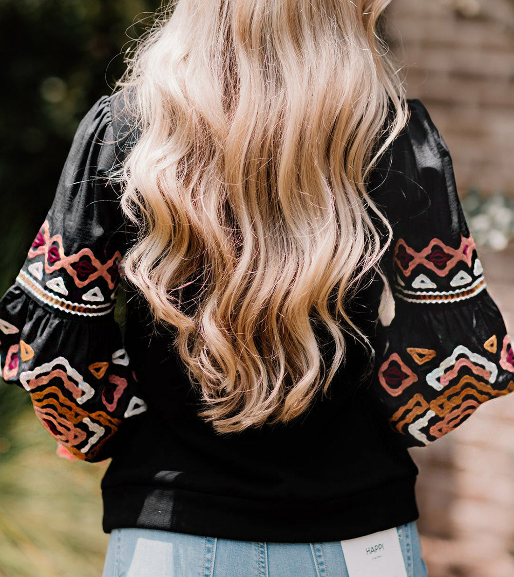 Printed Balloon Sleeve Crew Neck Blouse