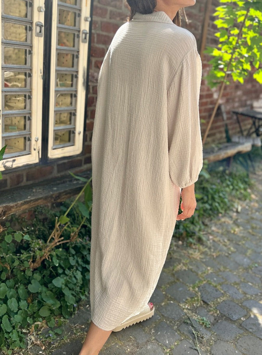 Textured Turn Down Collar Long Shirt Dress