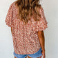 Printed Tie Split Neck Puff Sleeve Blouse