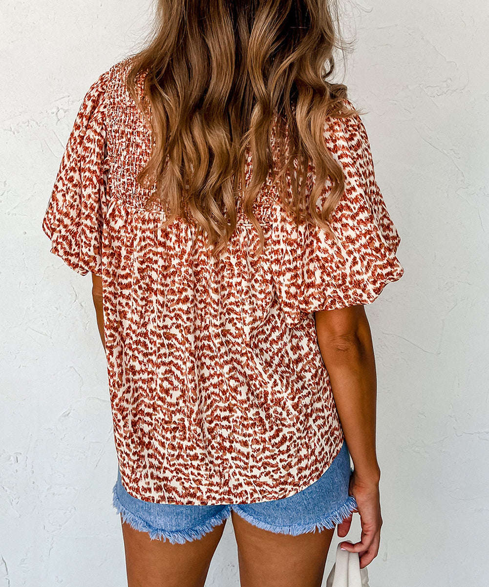 Printed Tie Split Neck Puff Sleeve Blouse