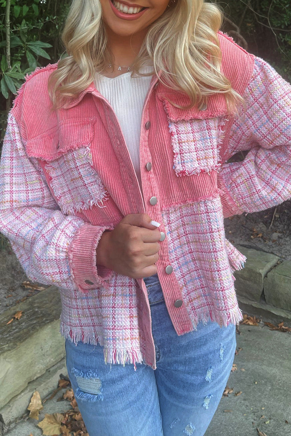 Frayed Tweed Plaid Patchwork Buttoned Jacket