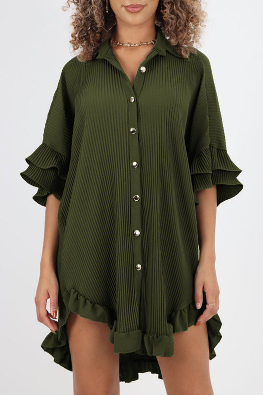 High-low Hem Ruffle Sleeve Pleated Shirt Dress