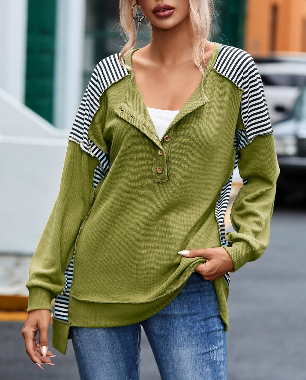 Striped Patch Exposed Seam Henley Sweatshirt