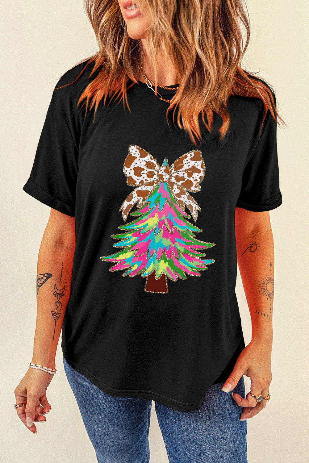 Heat Transfer Printing Christmas Tree Bowknot T-Shirt