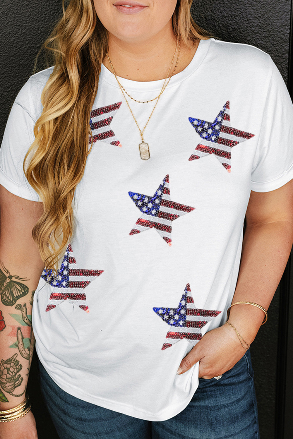 Sequin American Flag Star Pattern Plus Size Tee