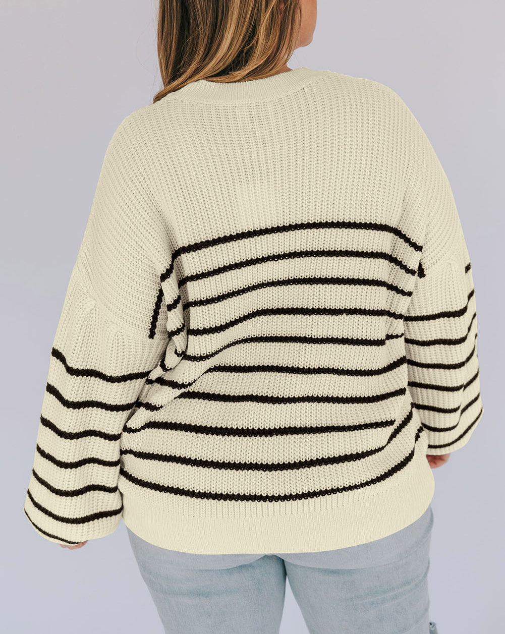 Plus Size Striped Drop Shoulder Puff Sleeve Sweater