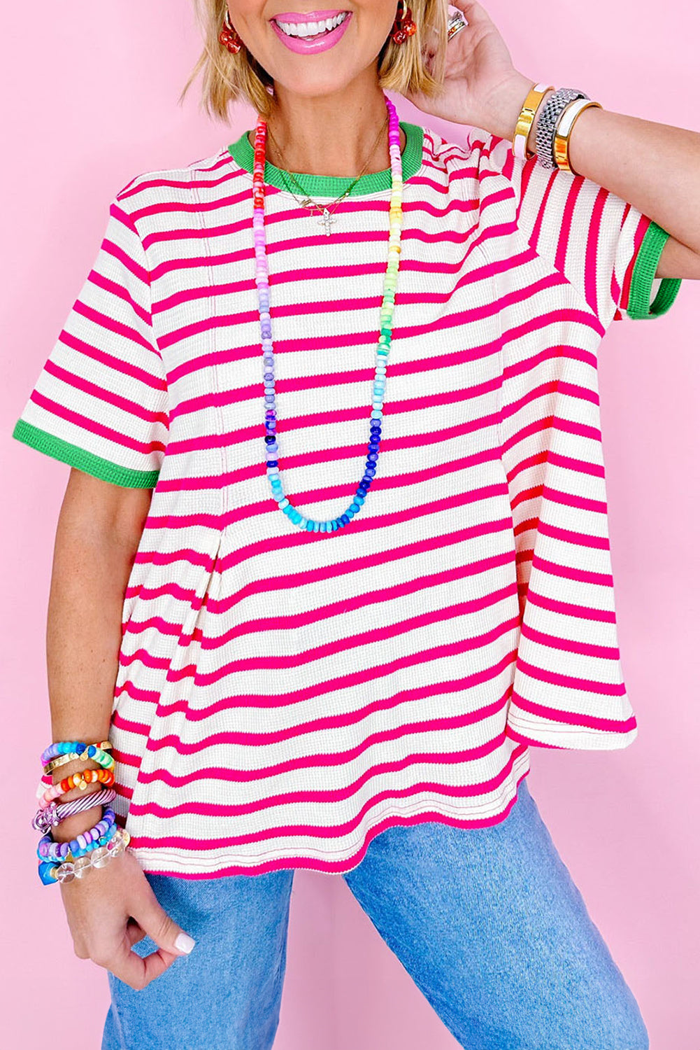 Stripe Contrast Trim Crew Neck Loose Short Sleeve Top