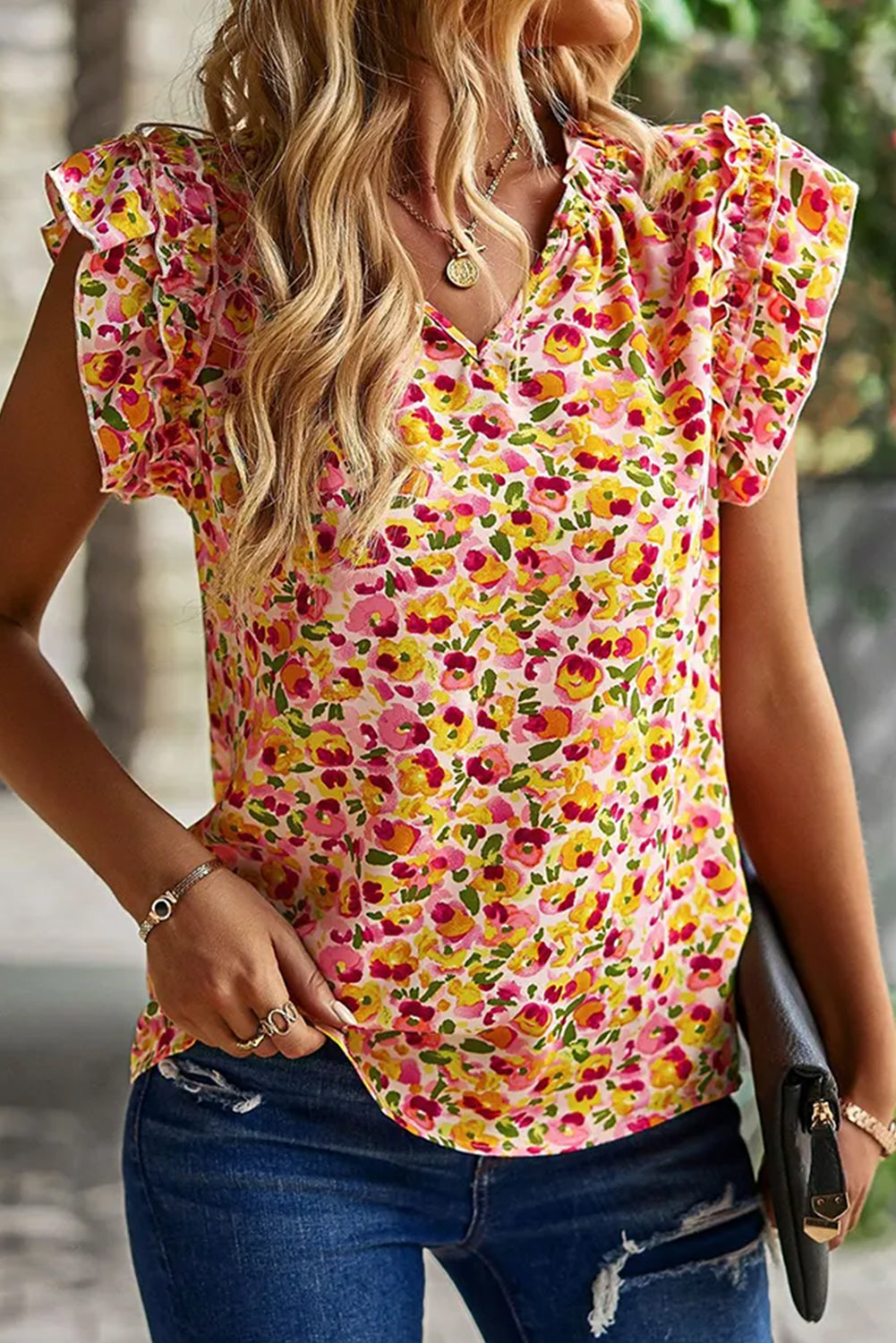 Floral Print Flutter Sleeve V Neck Tank Top