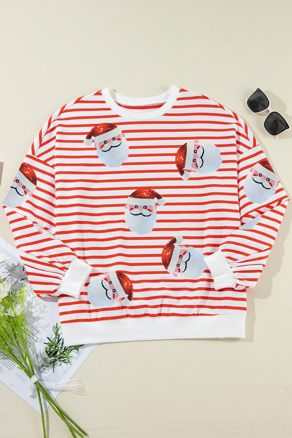 Stripe Striped Sequin Santa Claus Pattern Christmas Pullover Sweatshirt